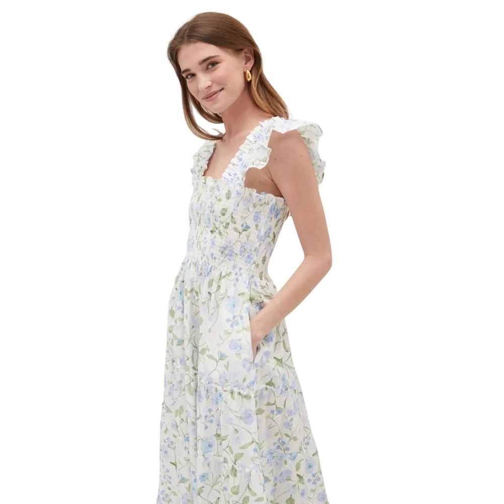 Hill House Home Ellie Nap Dress Blue Green Peony Bouquet Smocked Tiered XXXS - Picture 2 of 10